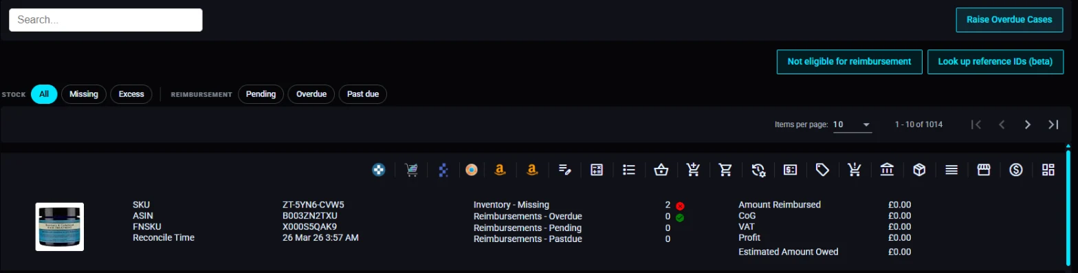 SellerToolKit FBA reconciliation screen showing missing units, overdue reimbursements and the Raise Overdue Cases button
